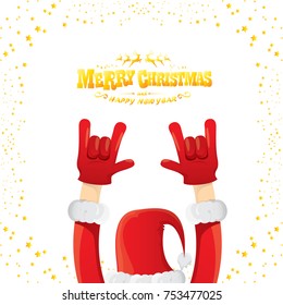 vector cartoon rock n roll Santa Claus with golden calligraphic greeting text isolated on white background with christmas star lights. Merry Christmas Rock n roll party poster design or greeting card.