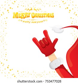 vector cartoon rock n roll Santa Claus with golden calligraphic greeting text isolated on white background with christmas star lights. Merry Christmas Rock n roll party poster design or greeting card.