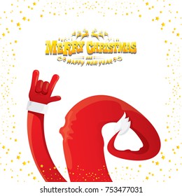 vector cartoon rock n roll Santa Claus with golden calligraphic greeting text isolated on white background with christmas star lights. Merry Christmas Rock n roll party poster design or greeting card.