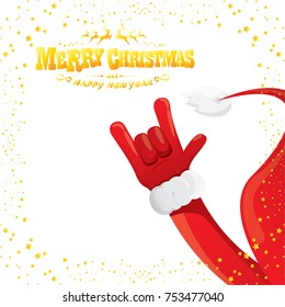 vector cartoon rock n roll Santa Claus with golden calligraphic greeting text isolated on white background with christmas star lights. Merry Christmas Rock n roll party poster design or greeting card.