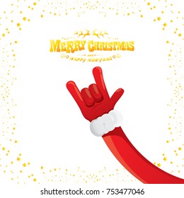 vector cartoon rock n roll Santa Claus with golden calligraphic greeting text isolated on white background with christmas star lights. Merry Christmas Rock n roll party poster design or greeting card.