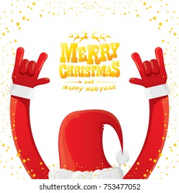 vector cartoon rock n roll Santa Claus with golden calligraphic greeting text isolated on white background with christmas star lights. Merry Christmas Rock n roll party poster design or greeting card.