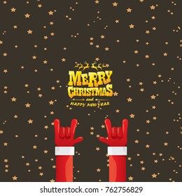 vector cartoon rock n roll Santa Claus with golden calligraphic greeting text  on night starry  background. Merry Christmas Rock n roll party poster design or greeting card.