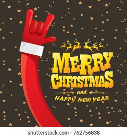 vector cartoon rock n roll Santa Claus with golden calligraphic greeting text  on night starry  background. Merry Christmas Rock n roll party poster design or greeting card.