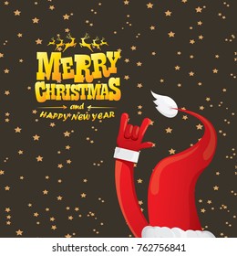 vector cartoon rock n roll Santa Claus with golden calligraphic greeting text  on night starry  background. Merry Christmas Rock n roll party poster design or greeting card.