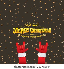 vector cartoon rock n roll Santa Claus with golden calligraphic greeting text  on night starry  background. Merry Christmas Rock n roll party poster design or greeting card.