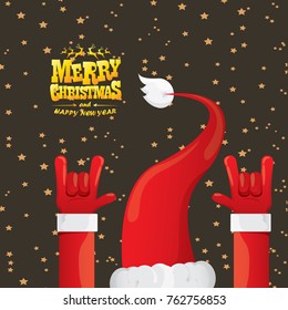 vector cartoon rock n roll Santa Claus with golden calligraphic greeting text  on night starry  background. Merry Christmas Rock n roll party poster design or greeting card.