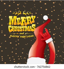 vector cartoon rock n roll Santa Claus with golden calligraphic greeting text  on night starry  background. Merry Christmas Rock n roll party poster design or greeting card.