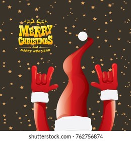 vector cartoon rock n roll Santa Claus with golden calligraphic greeting text  on night starry  background. Merry Christmas Rock n roll party poster design or greeting card.