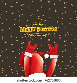 vector cartoon rock n roll Santa Claus with golden calligraphic greeting text  on night starry  background. Merry Christmas Rock n roll party poster design or greeting card.