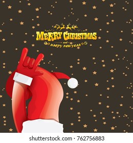 vector cartoon rock n roll Santa Claus with golden calligraphic greeting text  on night starry  background. Merry Christmas Rock n roll party poster design or greeting card.