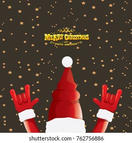vector cartoon rock n roll Santa Claus with golden calligraphic greeting text  on night starry  background. Merry Christmas Rock n roll party poster design or greeting card.