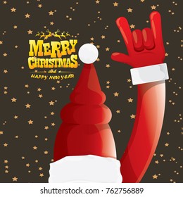 vector cartoon rock n roll Santa Claus with golden calligraphic greeting text  on night starry  background. Merry Christmas Rock n roll party poster design or greeting card.