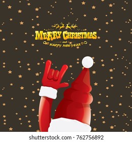 vector cartoon rock n roll Santa Claus with golden calligraphic greeting text  on night starry  background. Merry Christmas Rock n roll party poster design or greeting card.