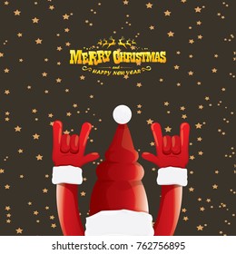 vector cartoon rock n roll Santa Claus with golden calligraphic greeting text  on night starry  background. Merry Christmas Rock n roll party poster design or greeting card.