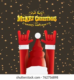 vector cartoon rock n roll Santa Claus with golden calligraphic greeting text  on night starry  background. Merry Christmas Rock n roll party poster design or greeting card.