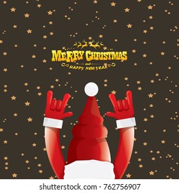 vector cartoon rock n roll Santa Claus with golden calligraphic greeting text  on night starry  background. Merry Christmas Rock n roll party poster design or greeting card.