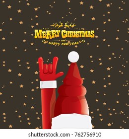 vector cartoon rock n roll Santa Claus with golden calligraphic greeting text  on night starry  background. Merry Christmas Rock n roll party poster design or greeting card.