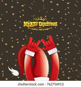 vector cartoon rock n roll Santa Claus with golden calligraphic greeting text  on night starry  background. Merry Christmas Rock n roll party poster design or greeting card.
