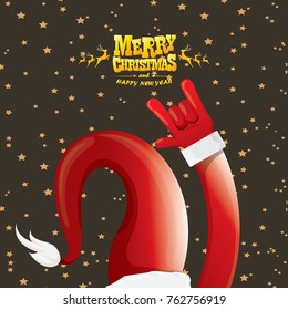 vector cartoon rock n roll Santa Claus with golden calligraphic greeting text  on night starry  background. Merry Christmas Rock n roll party poster design or greeting card.