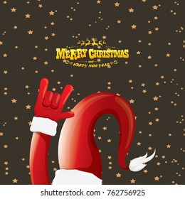 vector cartoon rock n roll Santa Claus with golden calligraphic greeting text  on night starry  background. Merry Christmas Rock n roll party poster design or greeting card.