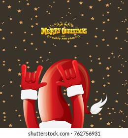 vector cartoon rock n roll Santa Claus with golden calligraphic greeting text  on night starry  background. Merry Christmas Rock n roll party poster design or greeting card.