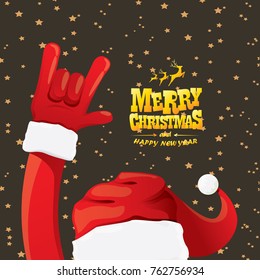 vector cartoon rock n roll Santa Claus with golden calligraphic greeting text  on night starry  background. Merry Christmas Rock n roll party poster design or greeting card.