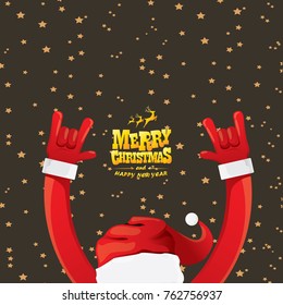 vector cartoon rock n roll Santa Claus with golden calligraphic greeting text  on night starry  background. Merry Christmas Rock n roll party poster design or greeting card.