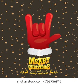 vector cartoon rock n roll Santa Claus with golden calligraphic greeting text  on night starry  background. Merry Christmas Rock n roll party poster design or greeting card.