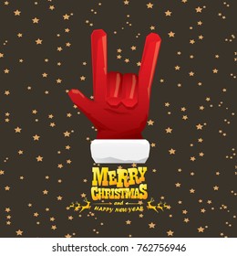 vector cartoon rock n roll Santa Claus with golden calligraphic greeting text  on night starry  background. Merry Christmas Rock n roll party poster design or greeting card.