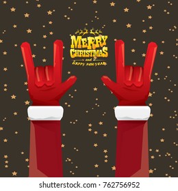 vector cartoon rock n roll Santa Claus with golden calligraphic greeting text  on night starry  background. Merry Christmas Rock n roll party poster design or greeting card.