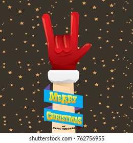 vector cartoon rock n roll Santa Claus with golden calligraphic greeting text  on night starry  background. Merry Christmas Rock n roll party poster design or greeting card.