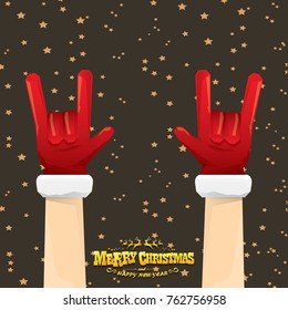 vector cartoon rock n roll Santa Claus with golden calligraphic greeting text  on night starry  background. Merry Christmas Rock n roll party poster design or greeting card.