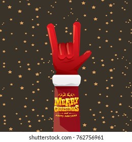 vector cartoon rock n roll Santa Claus with golden calligraphic greeting text  on night starry  background. Merry Christmas Rock n roll party poster design or greeting card.