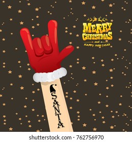 vector cartoon rock n roll Santa Claus with golden calligraphic greeting text  on night starry  background. Merry Christmas Rock n roll party poster design or greeting card.