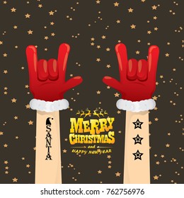 vector cartoon rock n roll Santa Claus with golden calligraphic greeting text  on night starry  background. Merry Christmas Rock n roll party poster design or greeting card.
