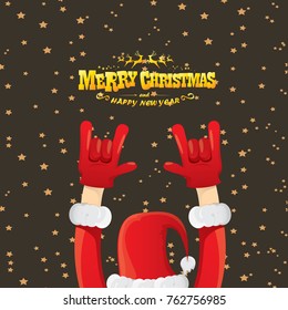 vector cartoon rock n roll Santa Claus with golden calligraphic greeting text  on night starry  background. Merry Christmas Rock n roll party poster design or greeting card.