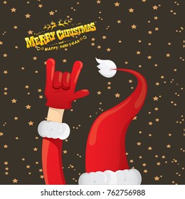 vector cartoon rock n roll Santa Claus with golden calligraphic greeting text  on night starry  background. Merry Christmas Rock n roll party poster design or greeting card.