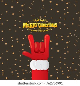 vector cartoon rock n roll Santa Claus with golden calligraphic greeting text  on night starry  background. Merry Christmas Rock n roll party poster design or greeting card.