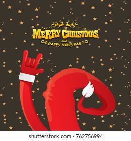 vector cartoon rock n roll Santa Claus with golden calligraphic greeting text  on night starry  background. Merry Christmas Rock n roll party poster design or greeting card.
