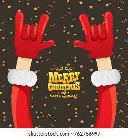 vector cartoon rock n roll Santa Claus with golden calligraphic greeting text  on night starry  background. Merry Christmas Rock n roll party poster design or greeting card.
