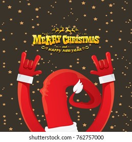 vector cartoon rock n roll Santa Claus with golden calligraphic greeting text  on night starry  background. Merry Christmas Rock n roll party poster design or greeting card.