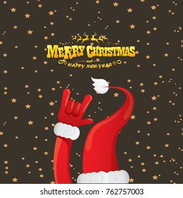 vector cartoon rock n roll Santa Claus with golden calligraphic greeting text  on night starry  background. Merry Christmas Rock n roll party poster design or greeting card.