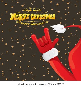 vector cartoon rock n roll Santa Claus with golden calligraphic greeting text  on night starry  background. Merry Christmas Rock n roll party poster design or greeting card.