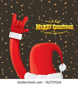 vector cartoon rock n roll Santa Claus with golden calligraphic greeting text  on night starry  background. Merry Christmas Rock n roll party poster design or greeting card.