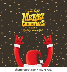 vector cartoon rock n roll Santa Claus with golden calligraphic greeting text  on night starry  background. Merry Christmas Rock n roll party poster design or greeting card.