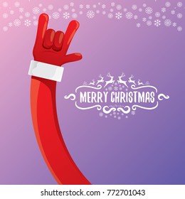 vector cartoon rock n roll Santa Claus character with calligraphic greeting text on violet background with snowflakes. Violet Merry Christmas Rock n roll party poster design or greeting card.