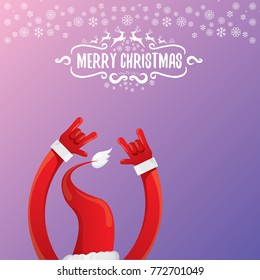 vector cartoon rock n roll Santa Claus character with calligraphic greeting text on violet background with snowflakes. Violet Merry Christmas Rock n roll party poster design or greeting card.