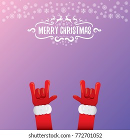 vector cartoon rock n roll Santa Claus character with calligraphic greeting text on violet background with snowflakes. Violet Merry Christmas Rock n roll party poster design or greeting card.