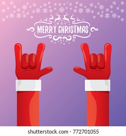 vector cartoon rock n roll Santa Claus character with calligraphic greeting text on violet background with snowflakes. Violet Merry Christmas Rock n roll party poster design or greeting card.